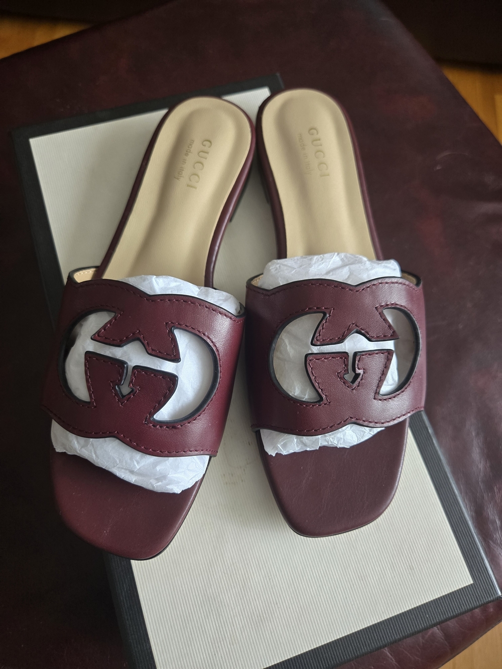 Burgundy Leather Slide Sandals